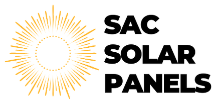 Sacramento Solar Panels Logo.  A yellow sun icon of just the outer rays and black bold font that reads Sac Solar Panels